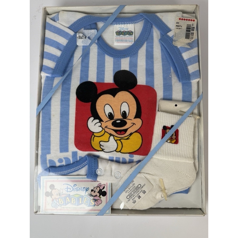 Vintage 1984‎ Disney Babies Newborn Gift Set Mickey Mouse One Piece & Socks
